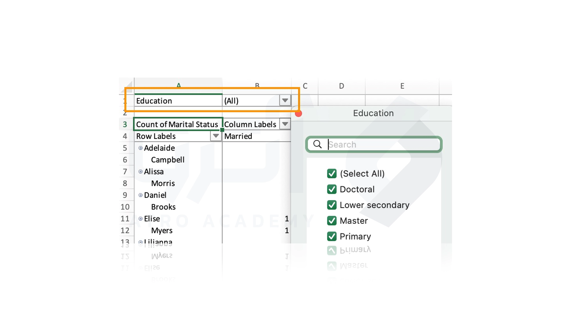 صفحه فیلتر در PivotTable