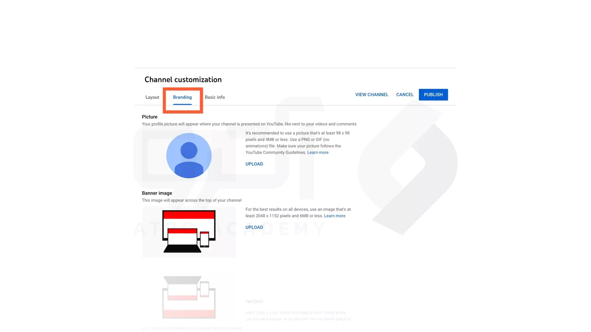 مراحل ساخت و راه اندازی کانال یوتیوب: صفحه گزینه Branding در کانال یوتیوب