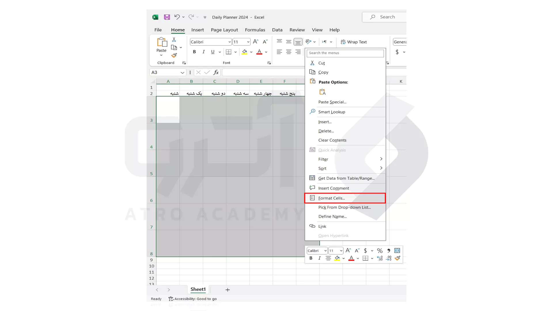 گزینه Format Cells در اکسل