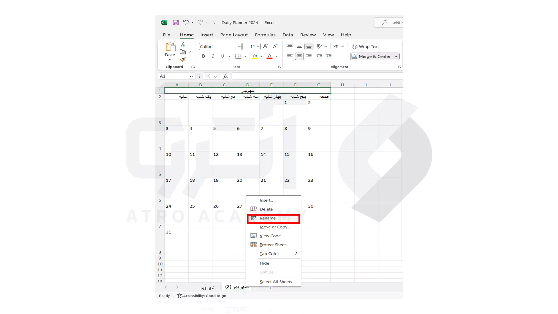 تغییر نام کاربرگ و نام ستون در اکسل برای ایجاد جدول برنامه ریزی روزانه