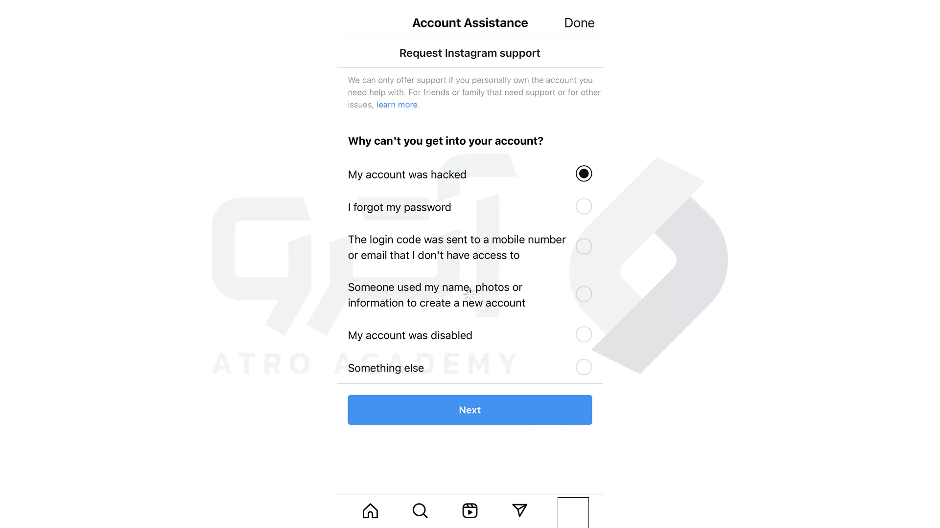 صفحه Account Assistance برای بازیابی اکانت اینستاگرام