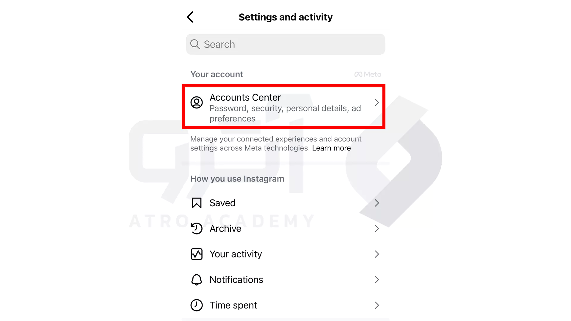 گزینه Accounts Center در تنظیمات اینستاگرام