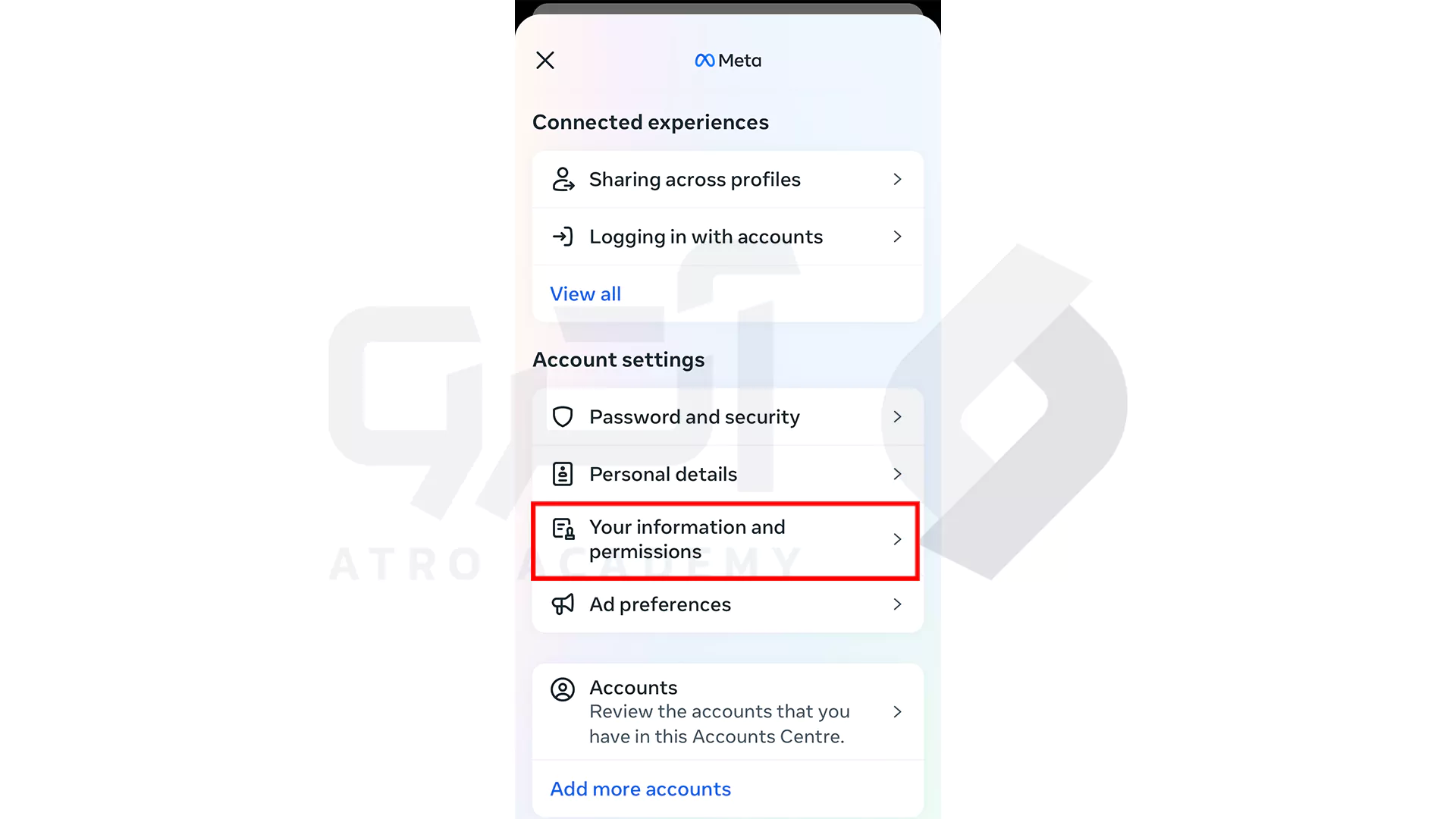 گزینه Your information and permissions در تنظیمات اینستاگرام