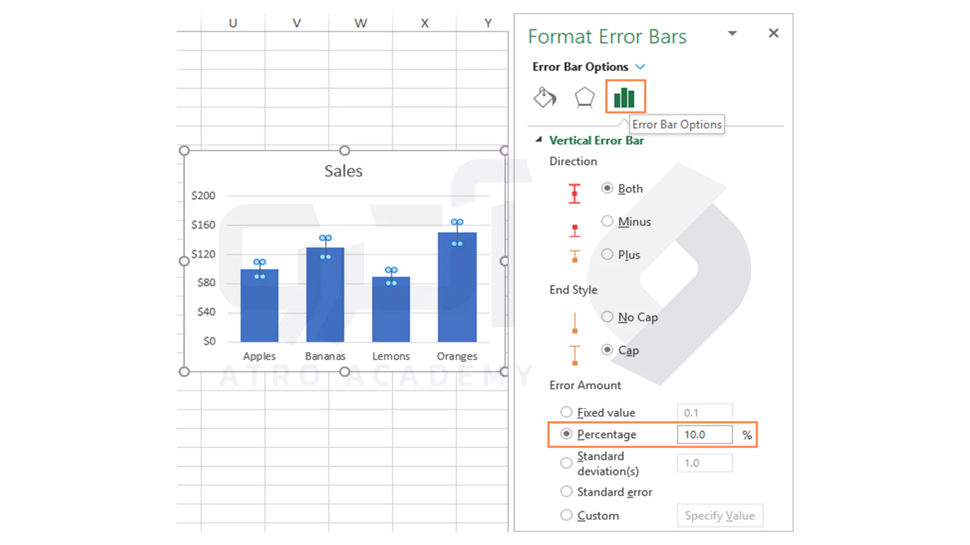 پنجره Format Error Bars برای اضافه کردن نوار خطا در اکسل