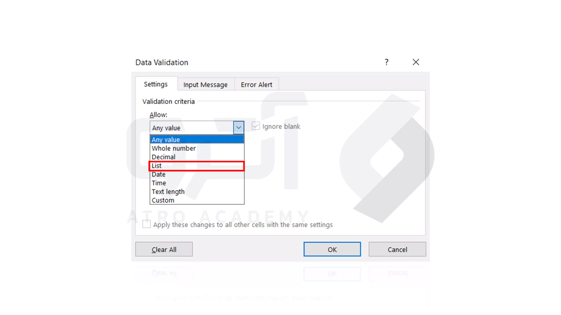 گزینه Allow List برای ایجاد یک لیست کشویی در اکسل
