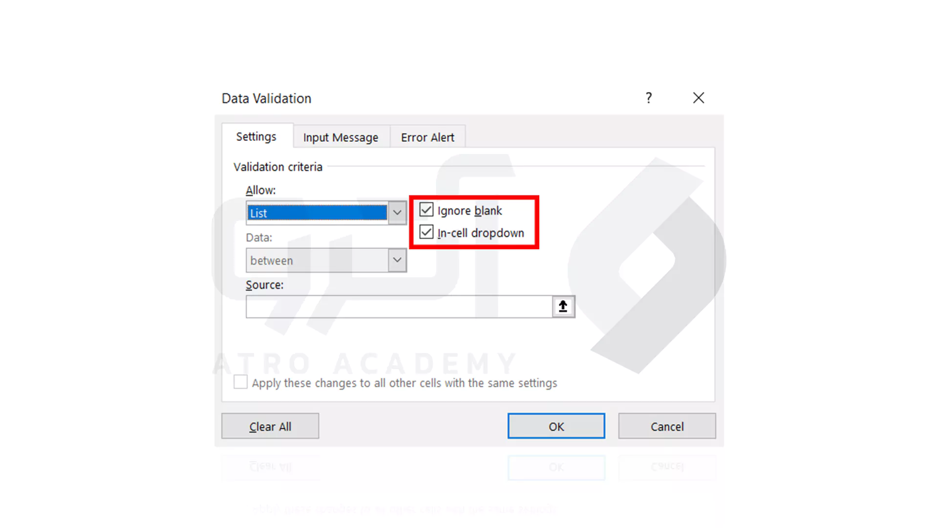 گزینه های Ignore blank و In-cell dropdown برای ایجاد لیست کشویی در اکسل