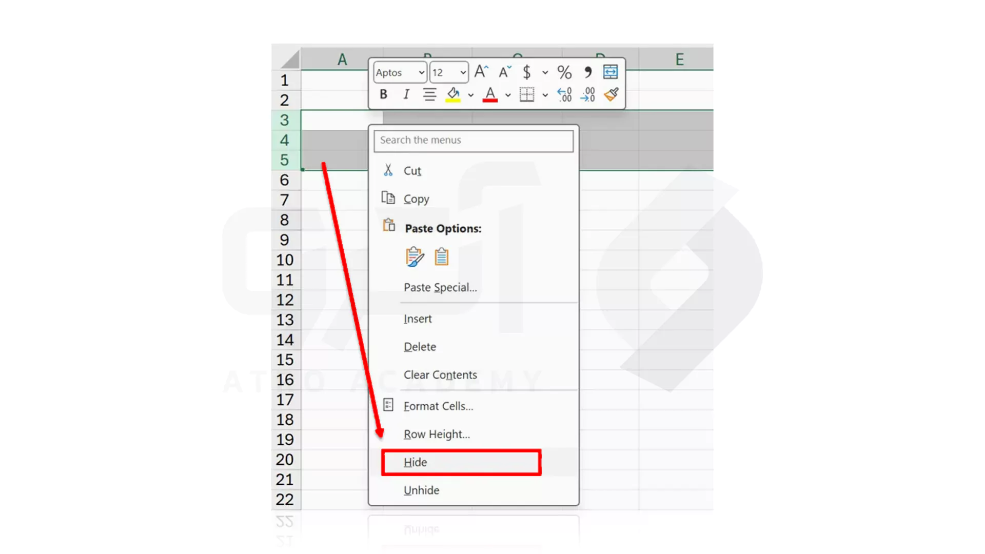 روش های مخفی کردن سطر در Excel