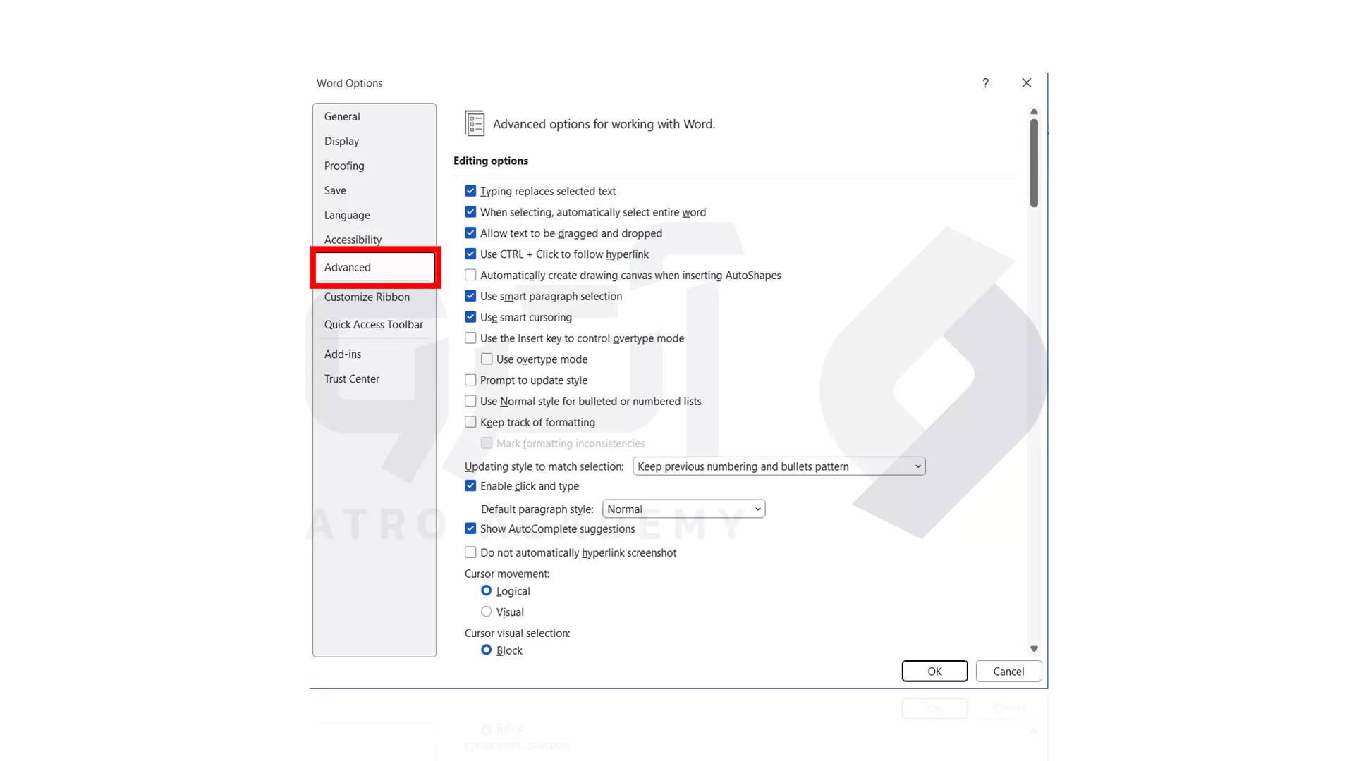 گزینه Advanced در تنظیمات Word برای فارسی کردن اعداد