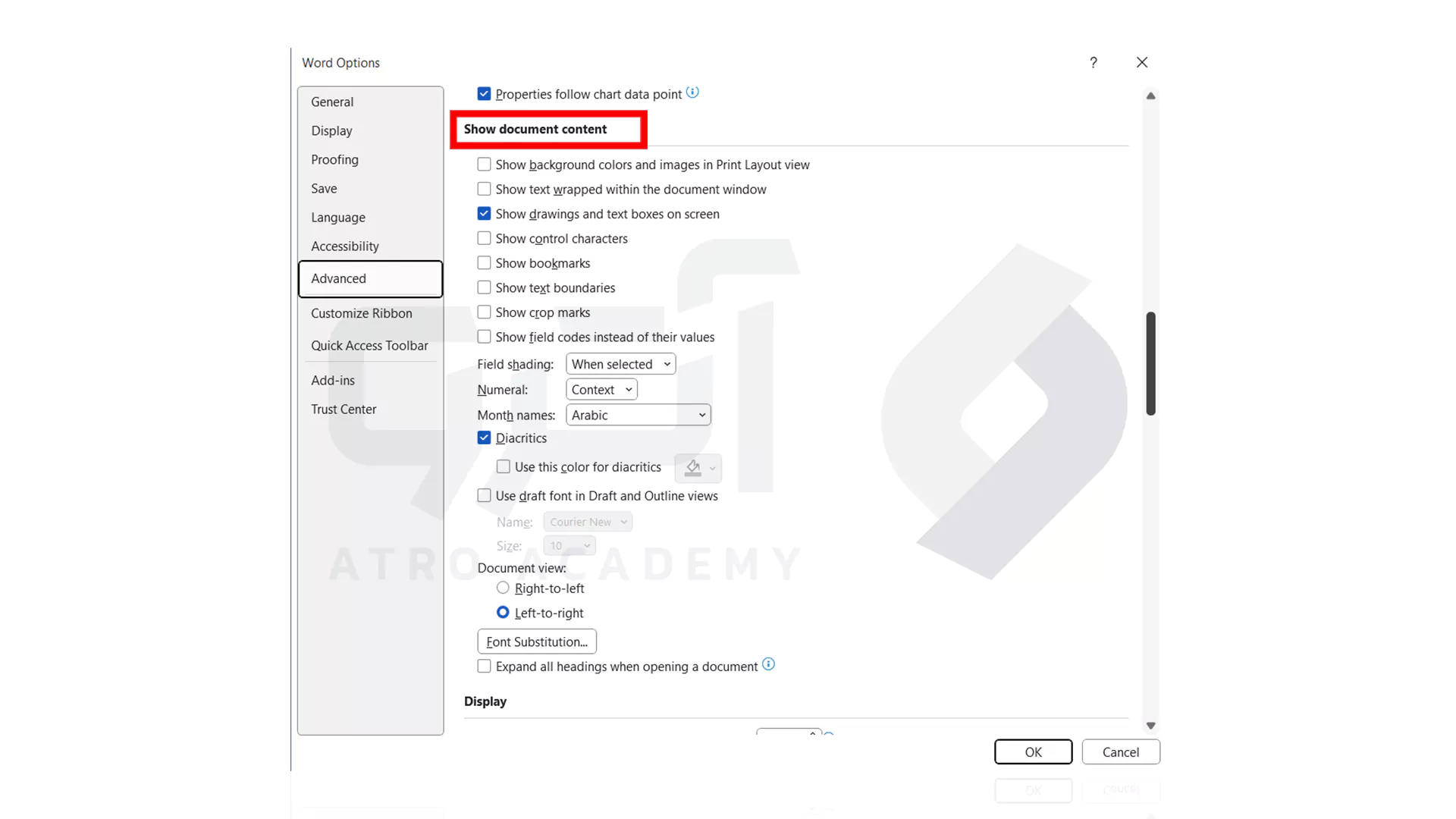 قسمت Show document content برای فارسی کردن اعداد در Word