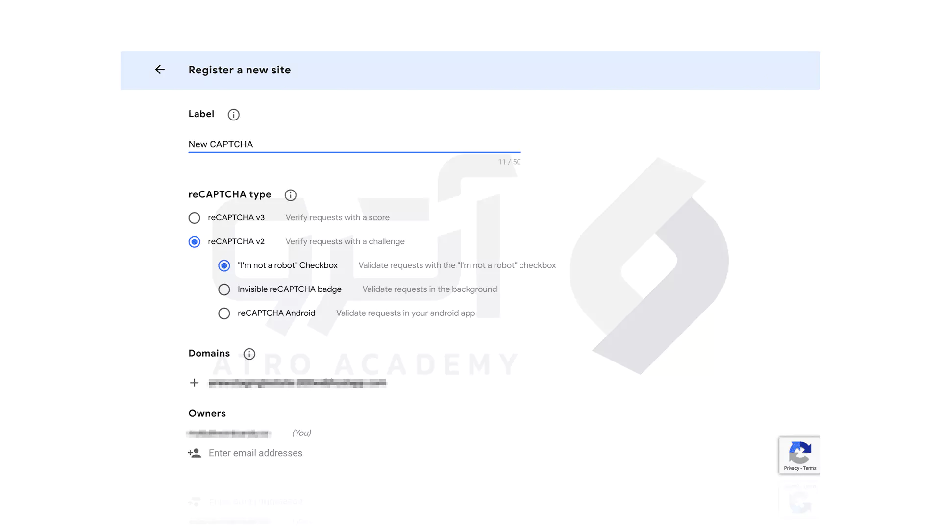 کنسول مدیریت Google reCAPTCHA برای ایجاد و اضافه کردن آن به سایت