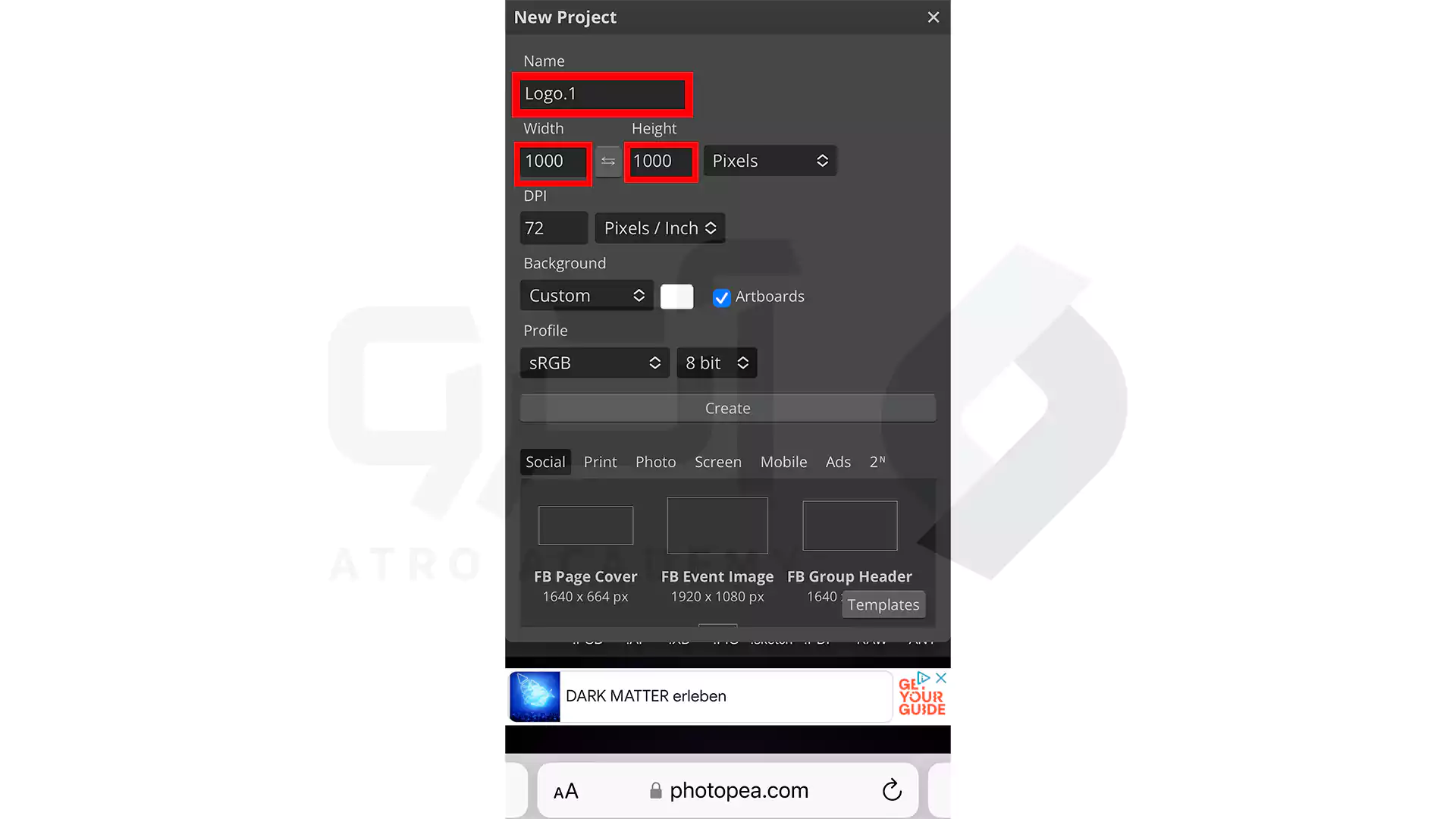 تنظیم نام و اندازه در ساخت لوگو با فتوشاپ در گوشی