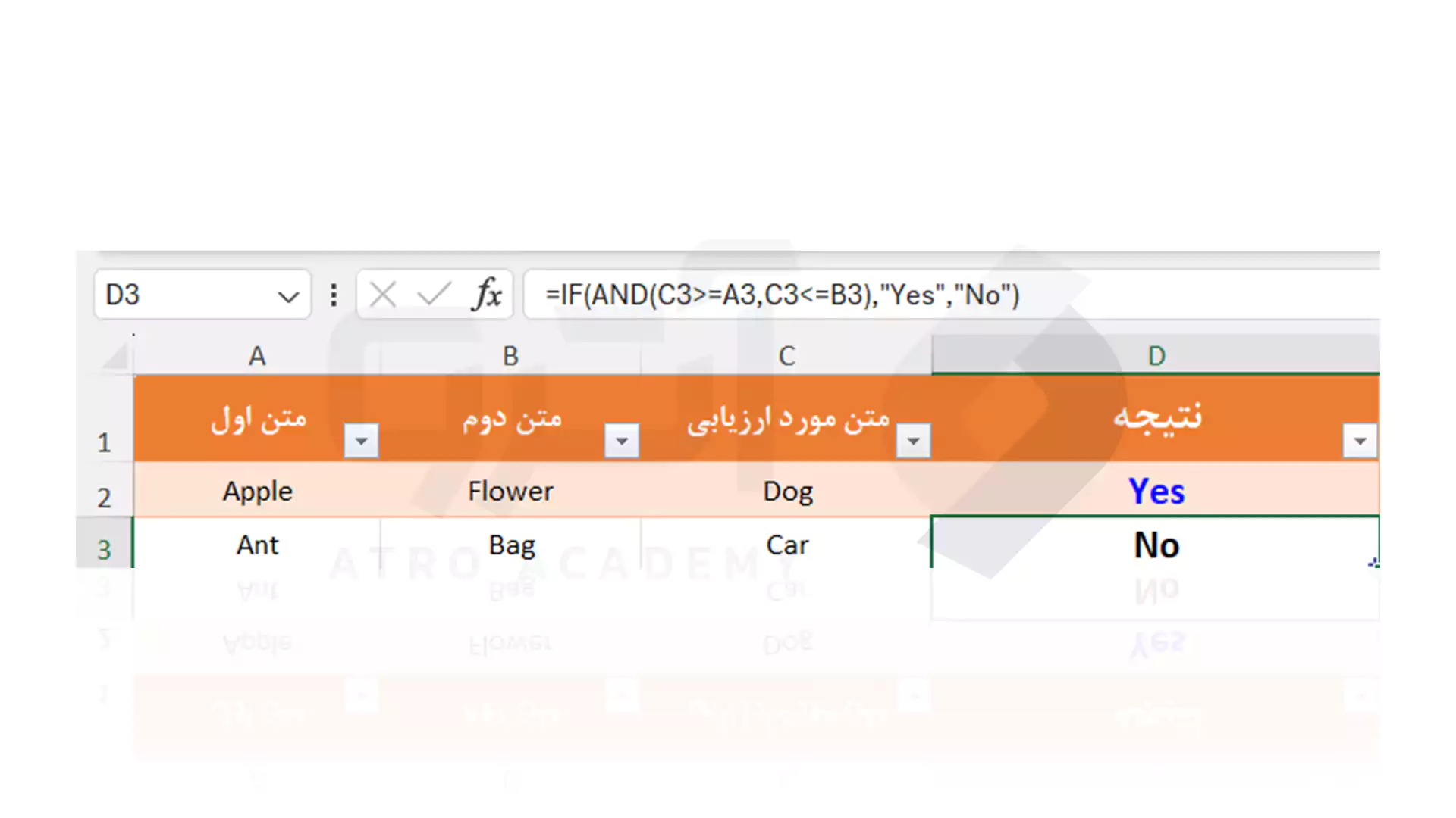 تابع between برای متن در اکسل