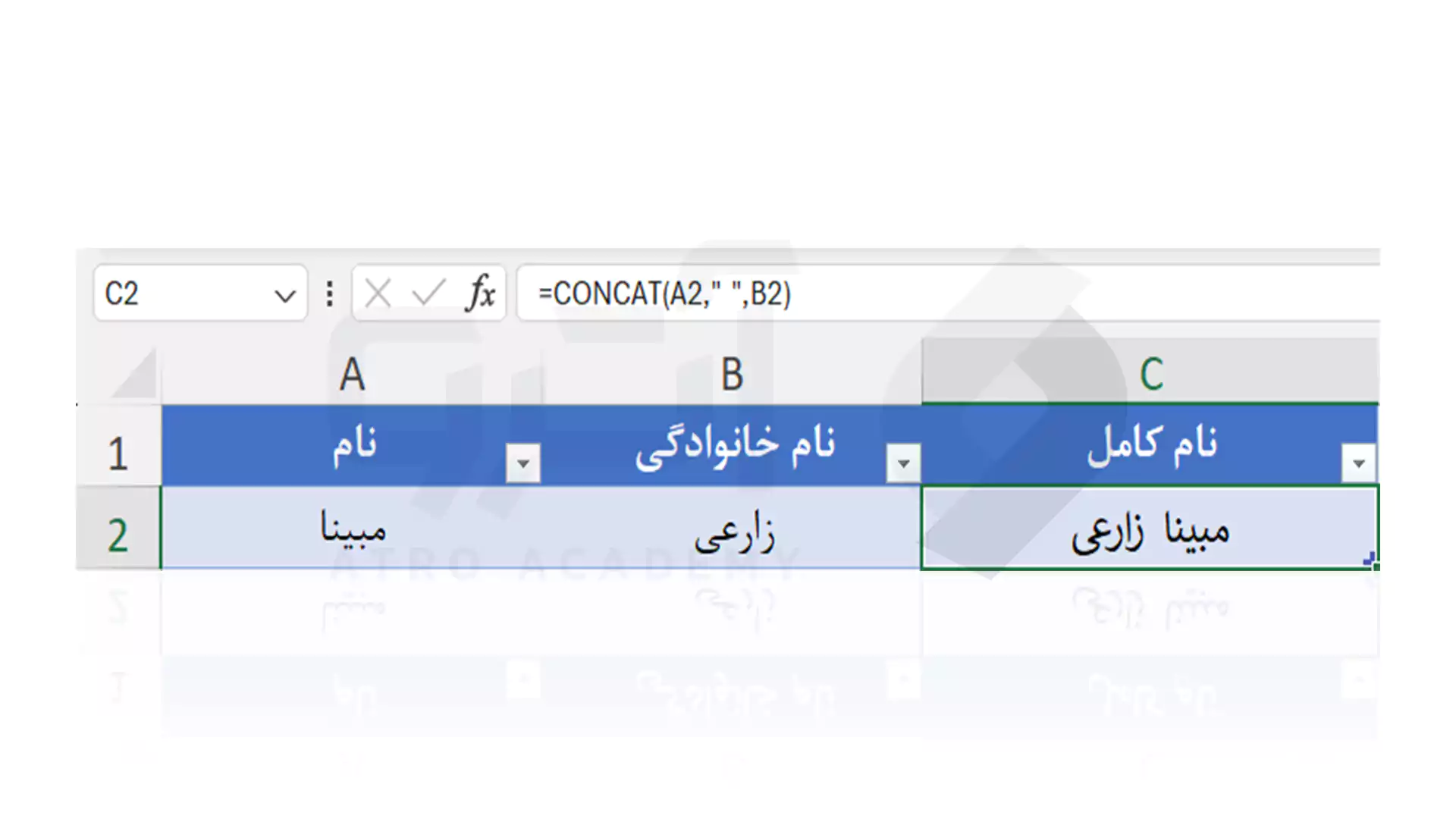 ترکیب دو سلول با فاصله با تابع Concatenate در اکسل