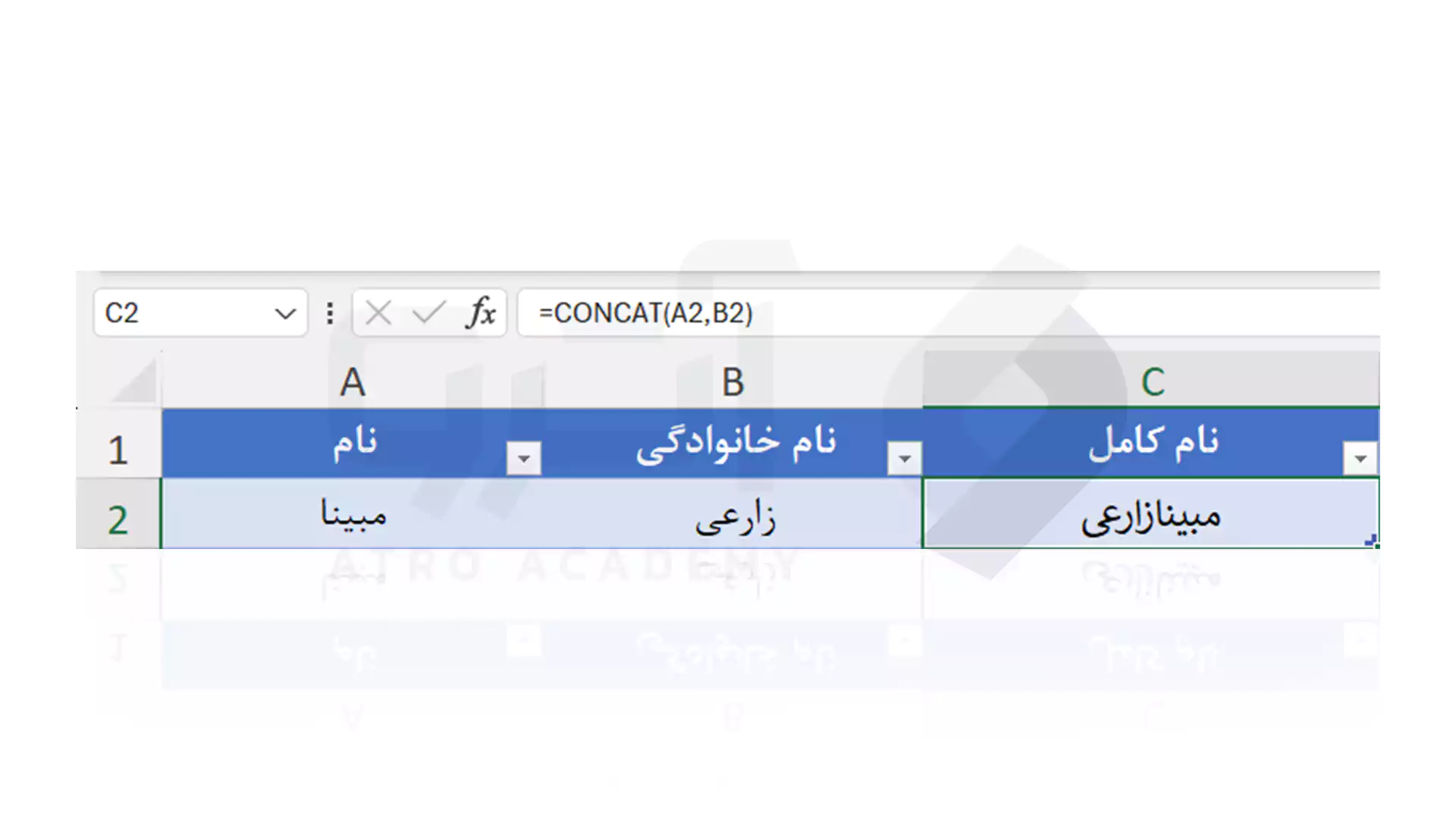 ترکیب دو سلول بدون فاصله با تابع Concatenate در اکسل