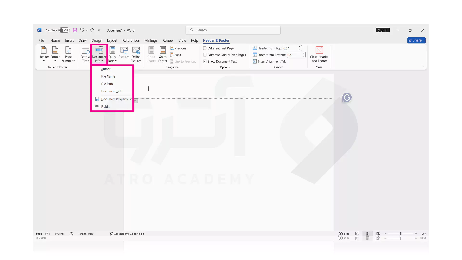 نحوه اضافه کردن Document در هدر ورد
