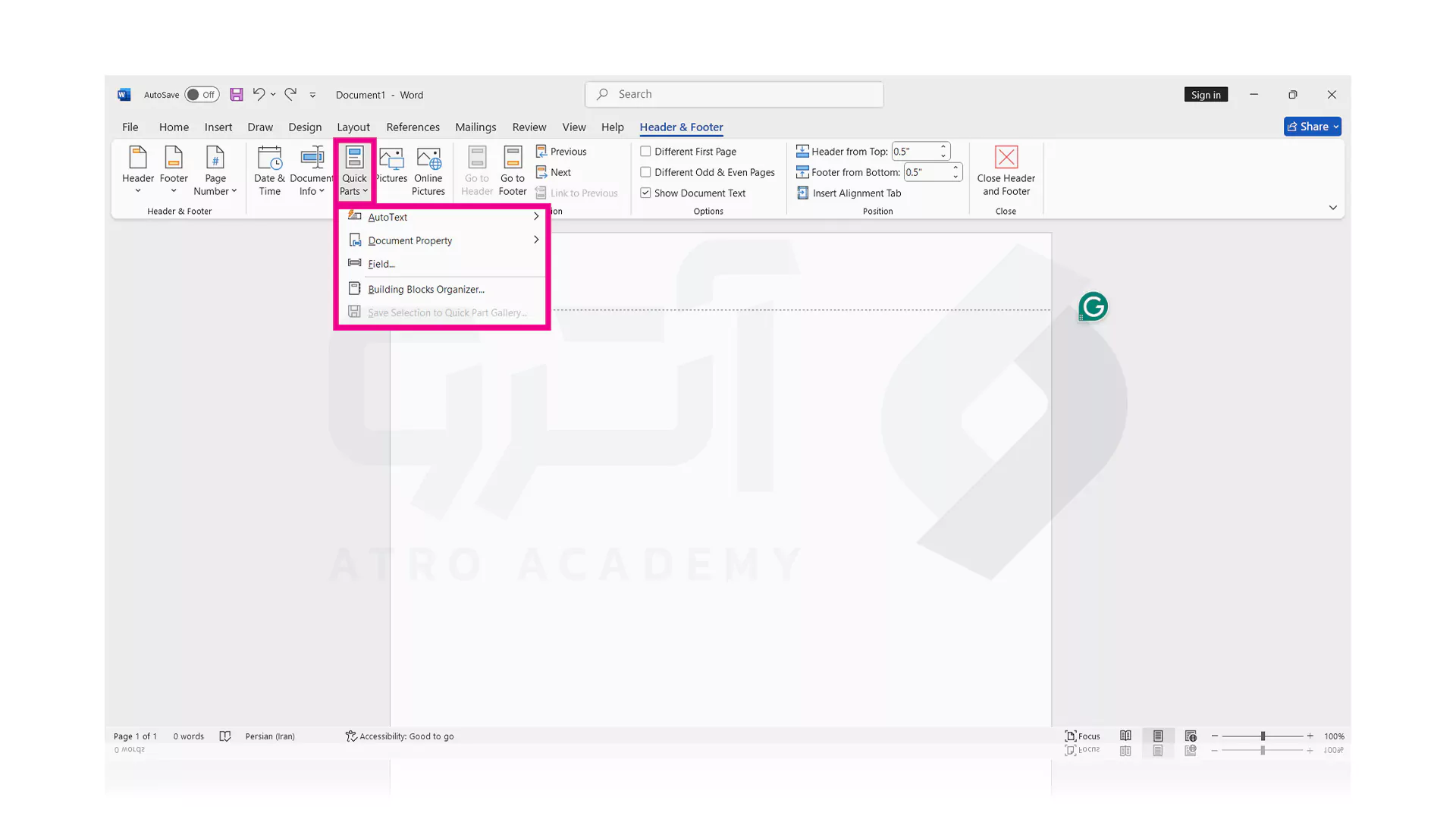 نحوه اضافه کردن Quick Parts در هدر ورد