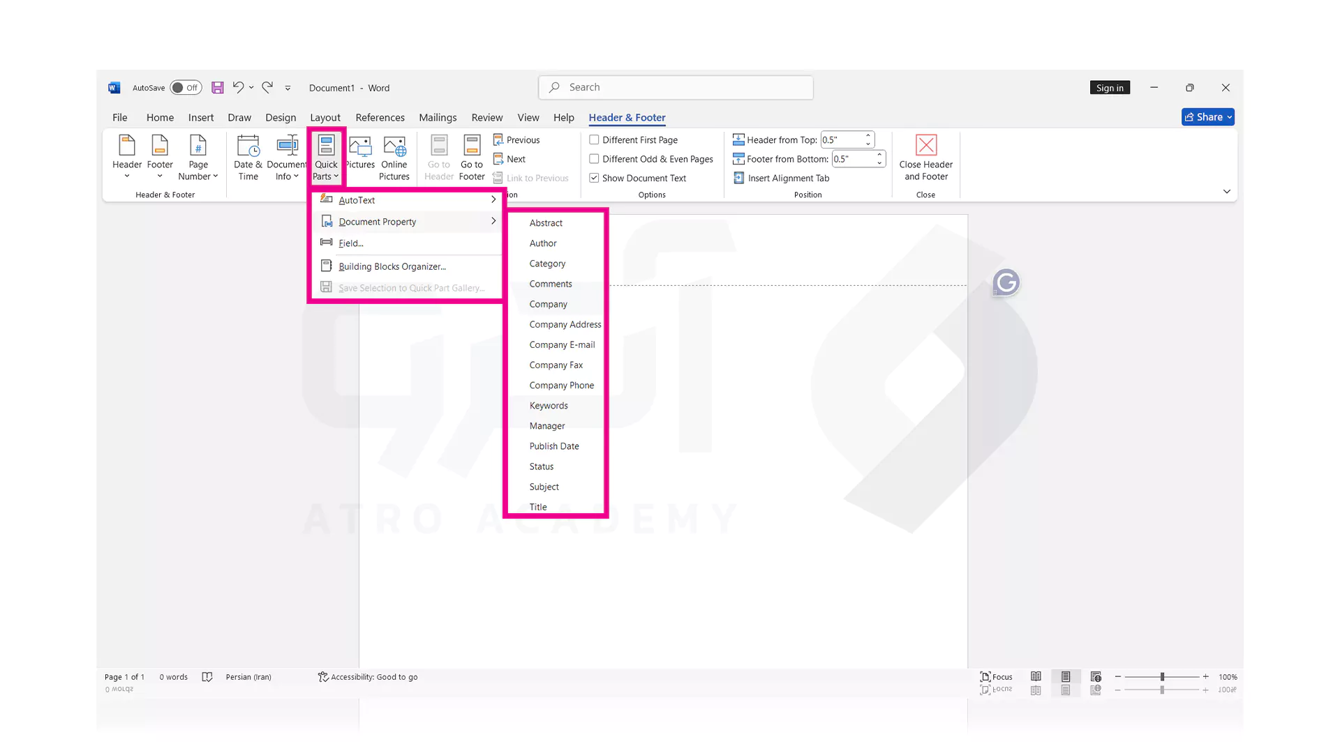 نحوه اضافه کردن Quick Parts در هدر ورد