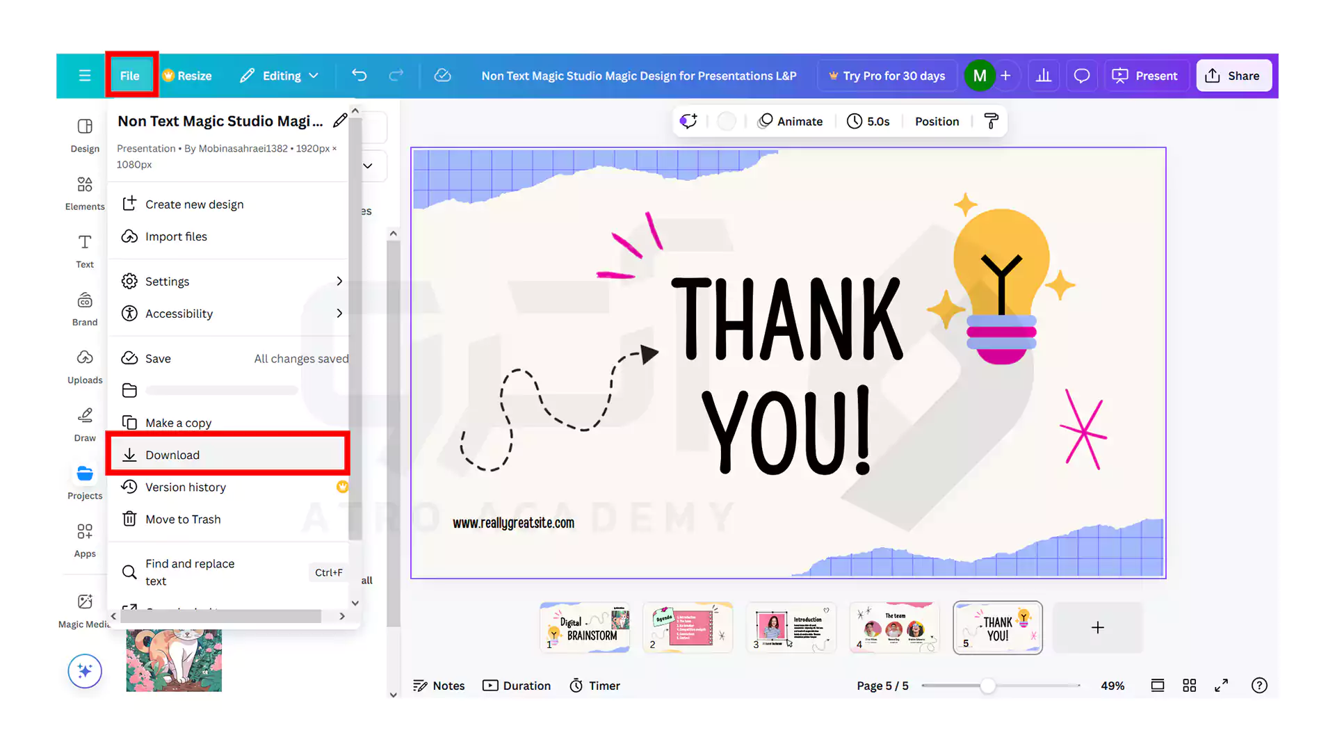نحوه دانلود پاورپوینت از سایت هوش مصنوعی Canva