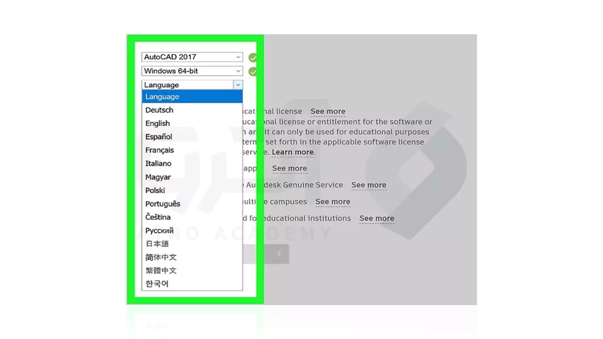 انتخاب پلتفرم، زبان و نسخه مربوطه برای نصب اتوکد