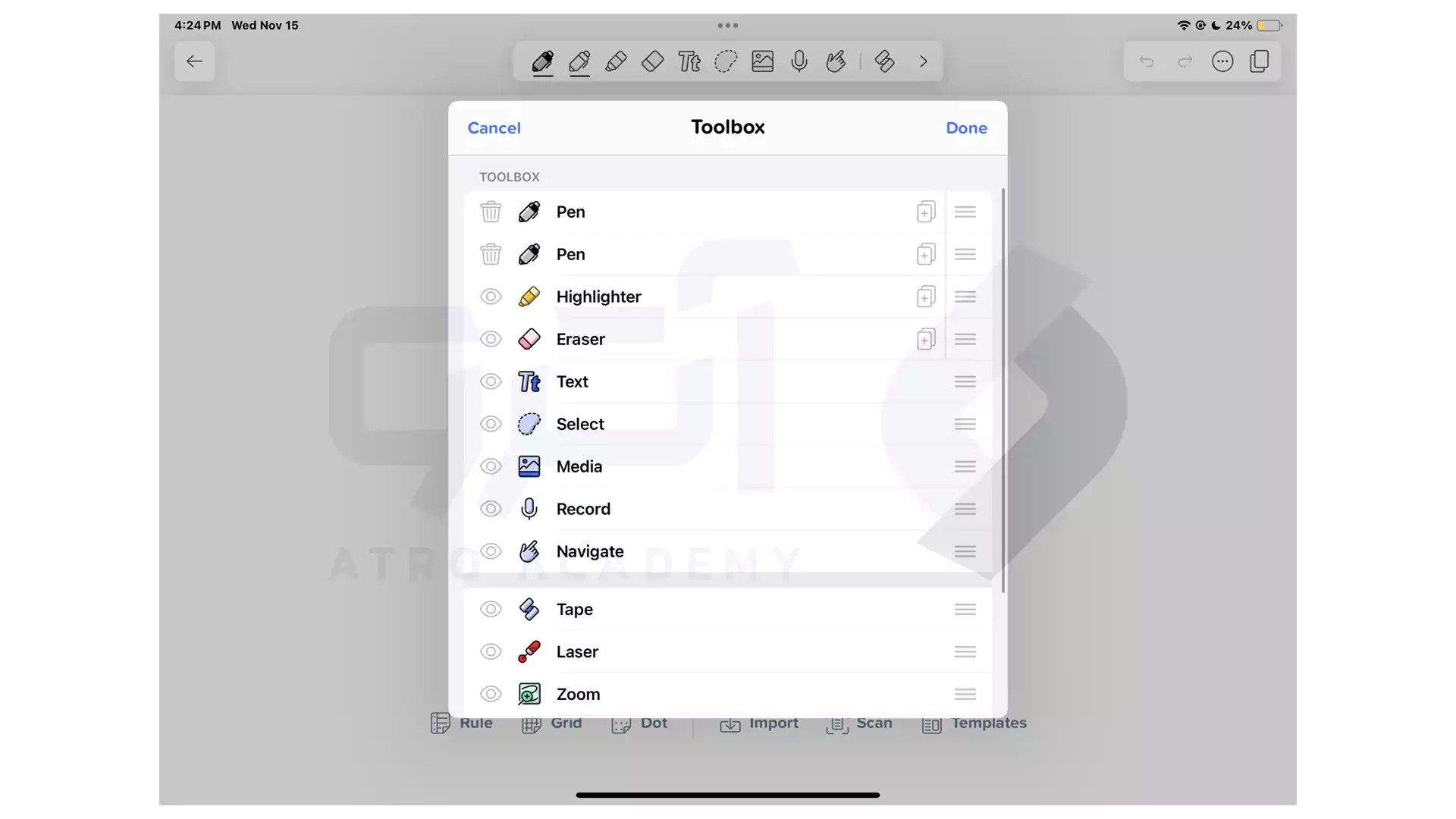 ویرایش یا حذف ترتیب بندی منوی ابزار در Notability