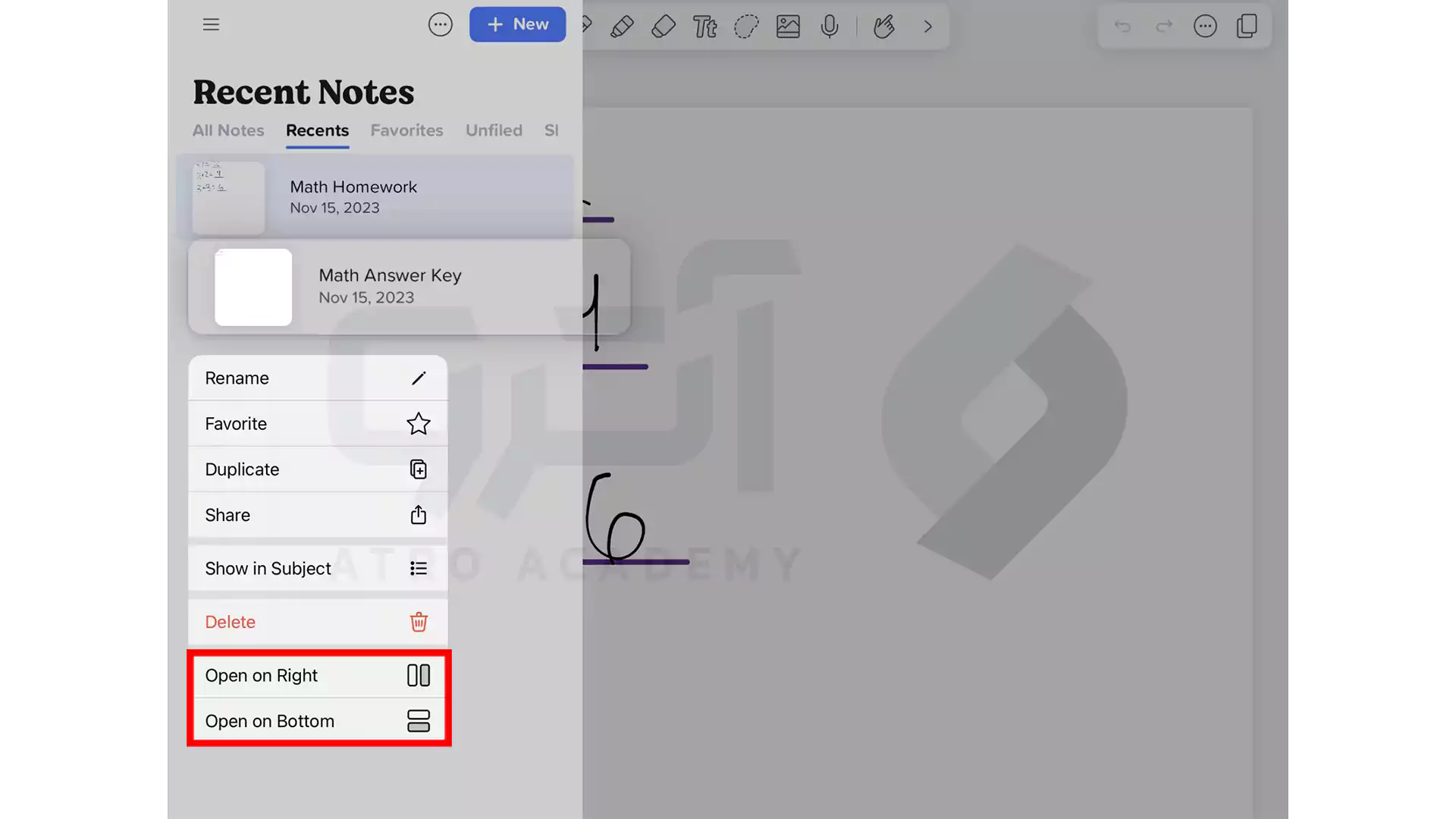 باز کردن دو یادداشت در یک صفحه در GoodNotes