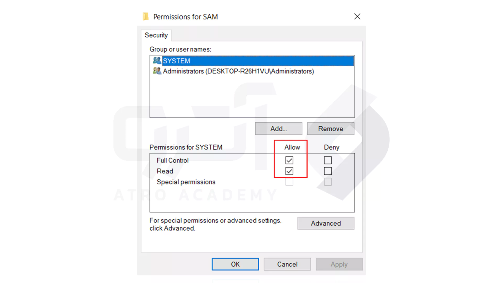 اعمال مجوز برای فایل SAM