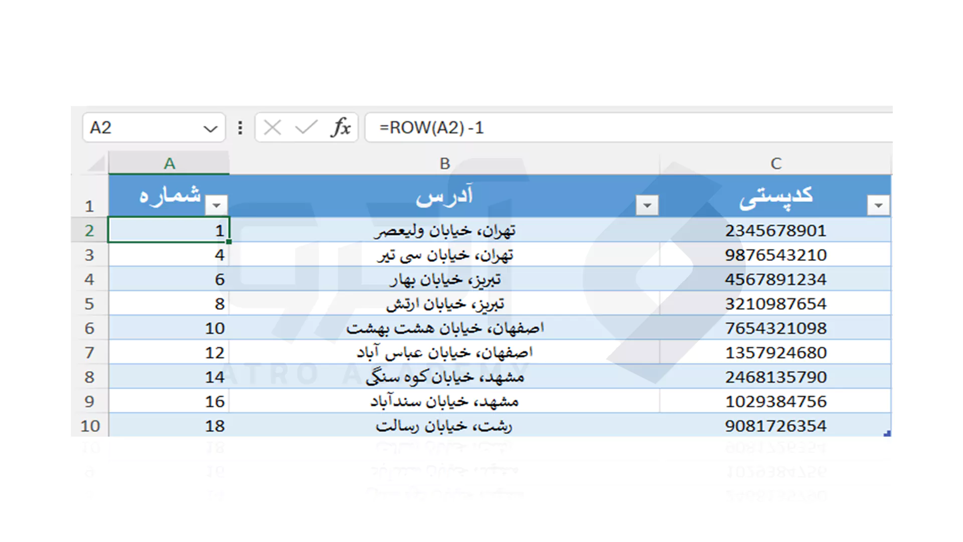 استفاده از توابع اکسل برای ردیف